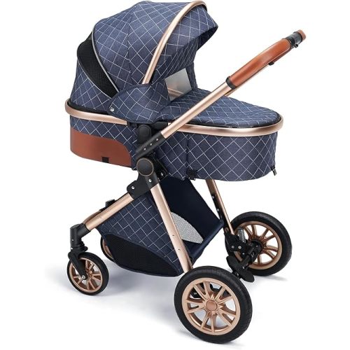 Baby Travel System Infant 3 in 1 Baby Stroller Pushchair High Landscape Reversible Foldable Portable Stroller Newborn Pram Reclining Baby Carriage (2 in 1 Blue)