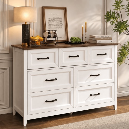"Aiho 7-Drawer Double Dresser, Smooth Gliding Storage Organizer, MDF Wood, White, 15.75""x47.24""x32.68"