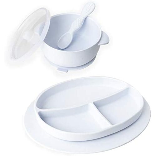 Ullabelle Toddler Plates & Bowls Set for Babies Silicone Non Slip Baby Feeding Set Kids Placemats with Spoons Included - BPA Free (Blue)