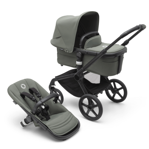 Bugaboo Fox 5 bassinet and seat stroller black base, forest green fabrics, forest green sun canopy