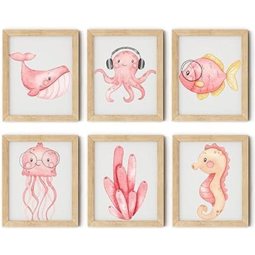 ZZJYYC Ocean Nursery Wall Art Pictures Pink Watercolor Nautical Canvas Art Poster Beach Animal Wall Decor Paintings Sea Whale Jellyfish Seahorse Prints for Baby Kids Room 8x10 Inch Set of 6 Unframed
