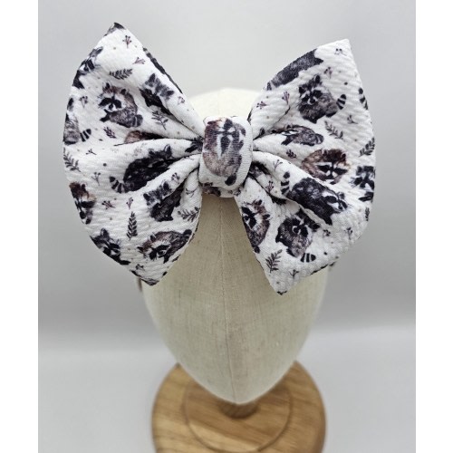 Raccoon Knit Hair Bow - Headwrap - Clip - Pigtail Bows - Headband - Piggies - Twigs - Outdoor - Birthday - Animal - Nocturnal - Wildlife