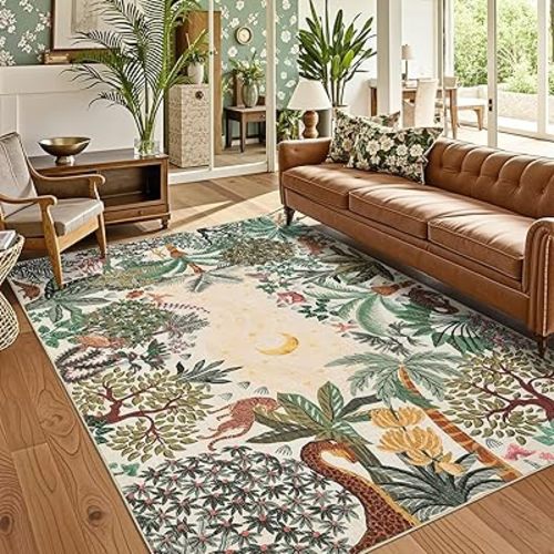 GarveeHome 5x7 Jungle Area Rug Washable Rugs for Living Room Bedroom, Soft Low Pile Non Slip Accent Floor Mat Animal Print Throw Rug Indoor Carpet Dining Room Playroom
