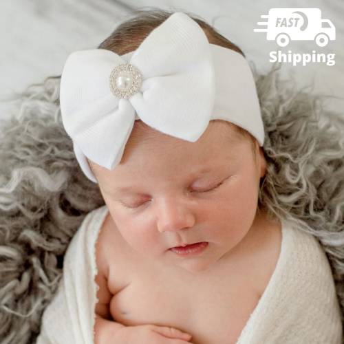 Melondipity White Bow Headband with Pearl and Rhinestone Center for Newborn Baby Girls | Handmade in the USA from Hospital Hat Fabric