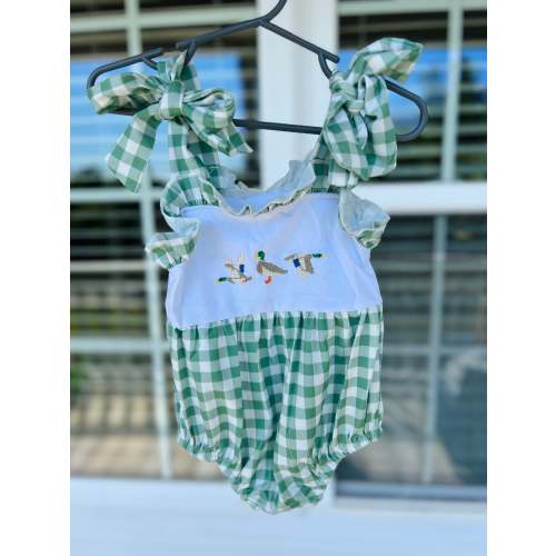 Green Embroidered Ducks Romper - Preorder