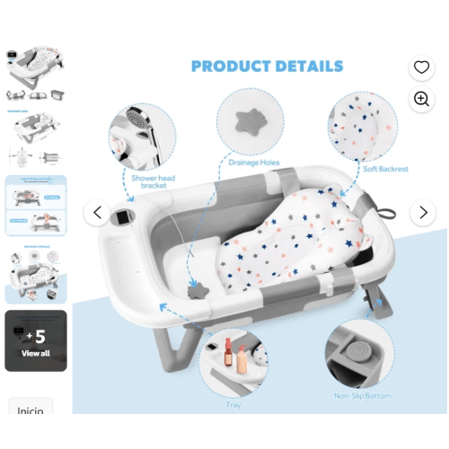 Folding Baby Bath Tub with Soft Support Cushion and Temperature Sensor, Anti-Slip Portable Travel Bathtub Shower Basin (59x40x20cm,Grey)
