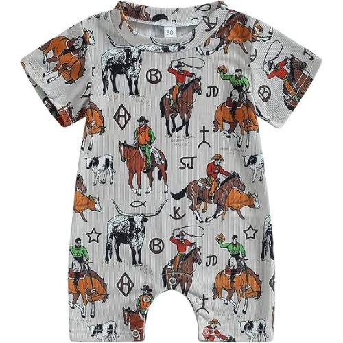 Gueuusu Country Baby Clothes Boy Girl Western Cow Print Short Sleeve Romper Bodysuit Ribbed One Piece Jumpsuit Summer Outfit