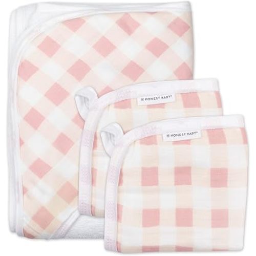 HonestBaby 3-Piece Organic Cotton Hooded Towel & Washcloth Set, Peach Skin Painted Buffalo Check, One Size