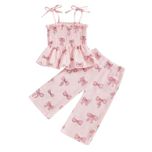 VISGOGO Toddler Baby Girl Outfits Sleeveless Smocked Strap Camisole Linen Pants Bow Baby Summer Clothes
