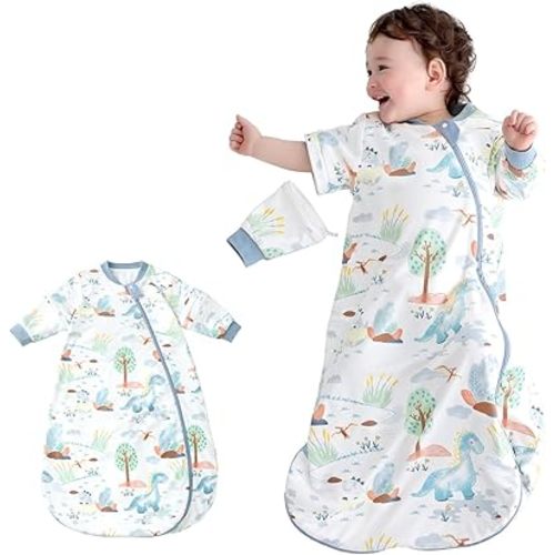 Baby Sleep Sack 12-24 Months - 1.0 TOG Wearable Blanket with Removable Sleeves, Soft Breathable Infant Sleeping Bag for Toddler, Two-Way Zipper for Easy Diaper Change (Dinosaur)