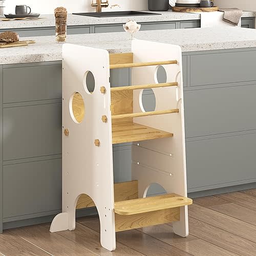 Toddler Standing Tower, 3 Adjustable Height Toddler Kitchen Stool Helper, Kids Kitchen Step Stool for Learning New Skills with Safety Feet, Safe Design for 18+ Months to 6-Year-Old Kids, White