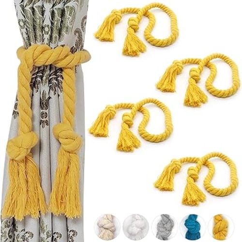 4 Pack Rope Curtain Tiebacks, Natural Cotton Woven Curtain Holdback, Curtain Decorative Holdbacks for Village Rural Boho Style Drapery Tieback, Yellow