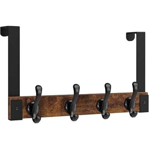 Homode Over The Door Hooks Heavy Duty, Wood Over Door Hanger Hook, Over Door Towel Rack with Coat Hooks for Hanging Towels Clothes Hats Bags, Back of Bathroom Door, Rustic Brown Black