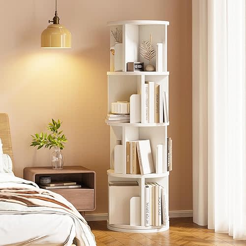 MXV Rotating Bookshelf, 360 Display 4 Tier, Small Corner Bookshelf for Small Space, Floor Standing Bookcase Storage Rack, Wood Narrow Book Shelf Organizer for Bedroom, Living Room, White
