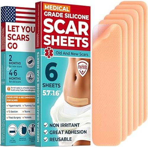 Medical Grade Silicone Scar Sheets - 6pk (5.7”x1.6”) - Visible Difference on Surgical & Keloid Marks - Reusable C-Section Scar Silicone Strips - Easy to Use Strips