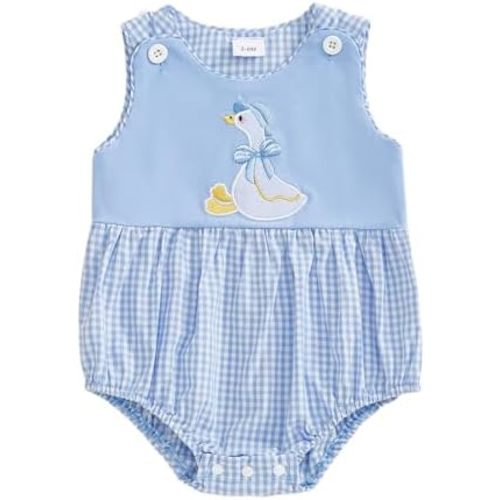 Newborn Baby Girl Bubble Romper Cute Embroidery Sleeveless Plaid Bodysuit Overalls Clothes