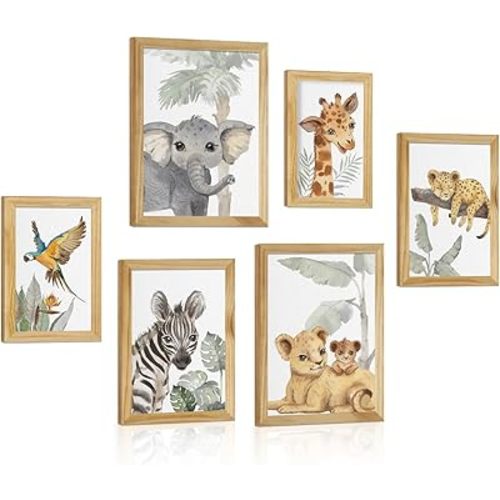 HLJ ART Safari Animal Wall Art Print for Boys and Girls: Jungle Nursery Pictures Framed Set of 6 for Baby Room Decor