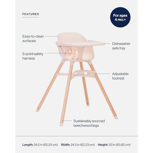 Lalo The 3-in-1 High Chair Kit - Convertible Wooden High Chair for Babies & Toddlers with Infant Support, Cushion, Booster Conversion Kit & Play Legs, Adjustable Footrest - Grapefruit