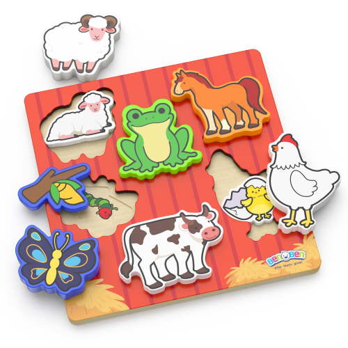 BenBen, Wooden Puzzles for Toddlers, 6 Animal Life Cycles, Multicolor