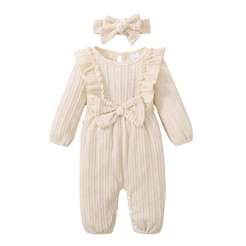 Happy Town Baby Girl Romper Infant Fall Winter Clothes Ruffle Sweater Long Sleeve Bodysuit Jumpsuit and Headband
