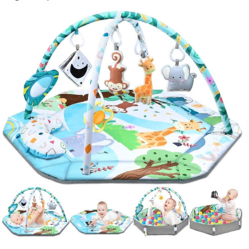 Baby Gym Play Mat, 8-in-1 Tummy Time Mat & Ball Pit with 6 Toys, Washable Baby Activity Play Mat for Visual, Hearing, Sensory, Motor Development, Baby Toys Gift for Toddler Infant 0-3-6-9-12 Months