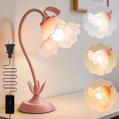 Flower Table Lamp,Bedside Vintage Flower Night Light,3 Colors Modes Kawaii Led Reading Light for Nightstands Living Room Bedroom Ambient Lighting Home Office Decor (Gradient Pink)