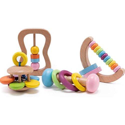 Promise Babe Montessori Wooden Rattle 4PC Preschool Educational Toys Baby Grasping Toy Perfect Toddler Shower Gift - PTZ103501