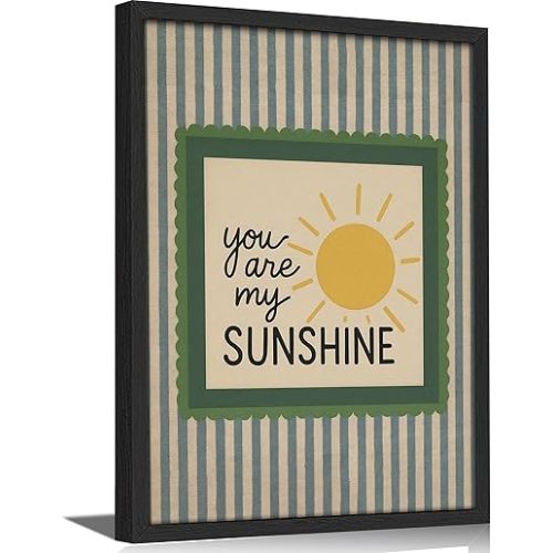 Framed 'You Are My Sunshine' Quote Wall Art, Vintage Sun Blue Stripe with Green Accent Canvas Print, Warm Nursery Decor for Living Room Bedroom Nursery Playroom