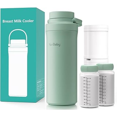 22oz Portable Breast Milk Cooler, Game-changer with 360° Total Cooling Gel Ice Pack for 30 Hours, Baby Travel Breastfeeding Essential Chiller with 2pcs Bottles for Breastmilk Storage(Green)