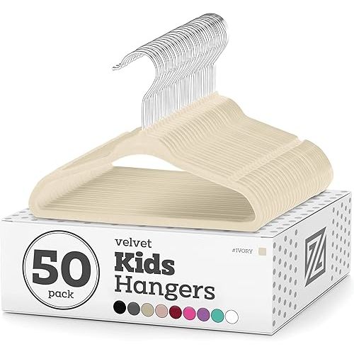 Zober Velvet Kids Hangers for Closet - Pack of 50 Non Slip Childrens Hangers for Shirts, Pants & Dresses w/Swivel Hook - Durable Kids Clothes Hanger w/Notches - Small Hangers - Ivory