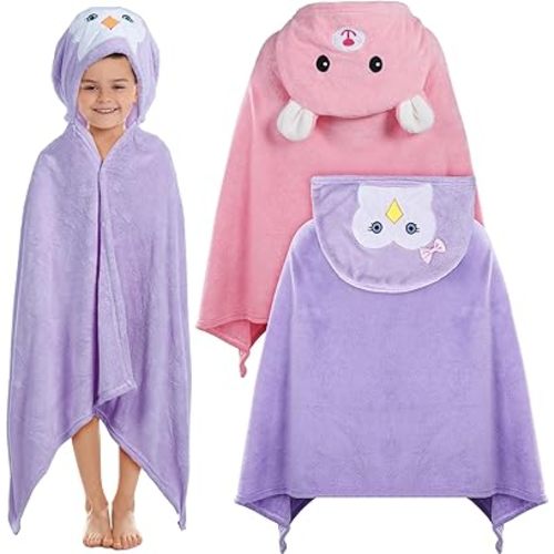 Preboun 2 Pcs Kid Hooded Bath Towel Toddler 27.5 x 55'' Large Hooded Towel for Kids 3-10 Yrs Wrap Bathrobe Boy Girl(Light Pink, Light Purple,Cat, Penguin)
