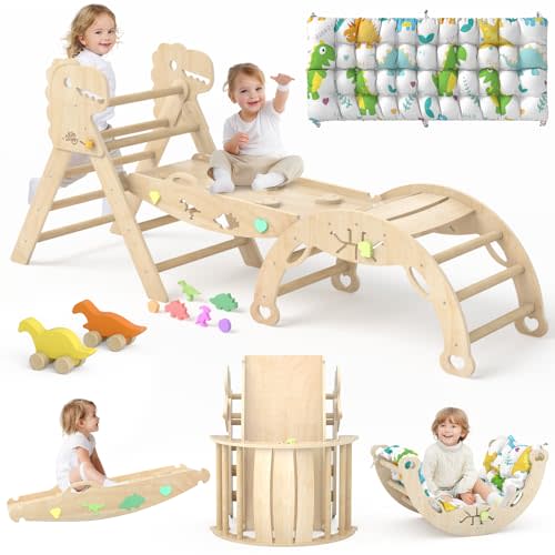 KidsBuddy Pikler Triangle Set with Cushion 9 in 1 Climbing Toys for Toddlers 1-3 Indoor Baby Climbing Gym Toddler Montessori Toys Wooden Climbing Toys with Maze Toys, Shape Sorting Toys, Dinosaur Car