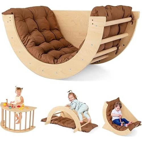 HONEY JOY Wooden Arch Climber with Cushion, Montessori Arch Table for Kids, Baby Rocker Ladder Play Gym Playground, Toddler Climbing Toys Indoor, Learning Gift for Kids Aged 1+ (Coffee)