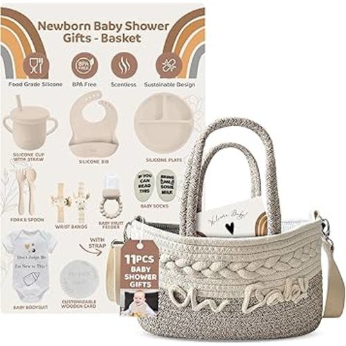 Baby Gift Set | 11 Piece Gender Neutral Newborn Gift Basket for Boys & Girls – Baby Essentials with Plate, Bib, Spoon, Cup, Feeder, Outfit, Rattles & Storage Bag