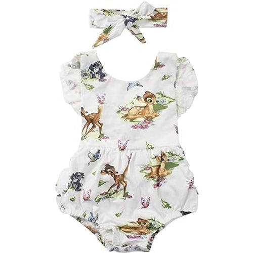 Infant Baby Girl Ruffled Cap Sleeve Sunsuit Romper with Self-tied Headband 2pcs Outfit