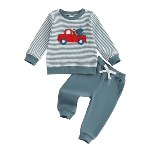 fhutpw Baby Toddler Boy Girl Fall Winter Clothes Embroidery Stripe Pullover Pants Sets Infant Long Sleeve Sweatshirt Outfits