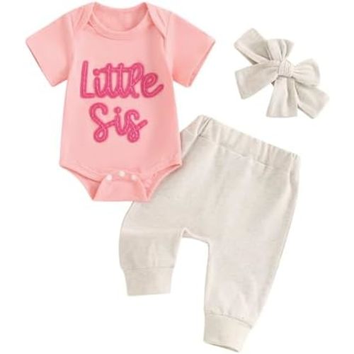 Newborn Baby Girl Outfits Little Sister Coming Home Outfit Lil Sis Romper Tops Pants Headband 3Pcs Summer Clothes
