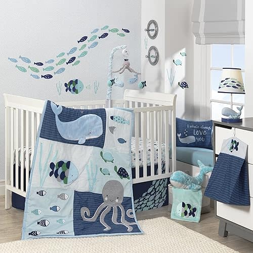 Lambs & Ivy Oceania 6-Piece Baby Crib Bedding Set - Blue Ocean, Nautical, Aquatic, Whale, Octopus Theme