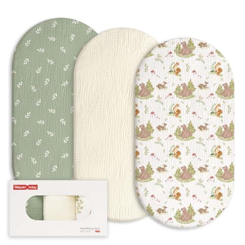 Gllquen Baby Muslin Bassinet Sheets 3pk, Soft Cotton Baby Sheet 33x17 | Breathable Cozy Bassinet Mattress Sheet, Compatible with Halo Bassinest Swivel Sleeper, Snoo, Baby Delight, For Boys Girls