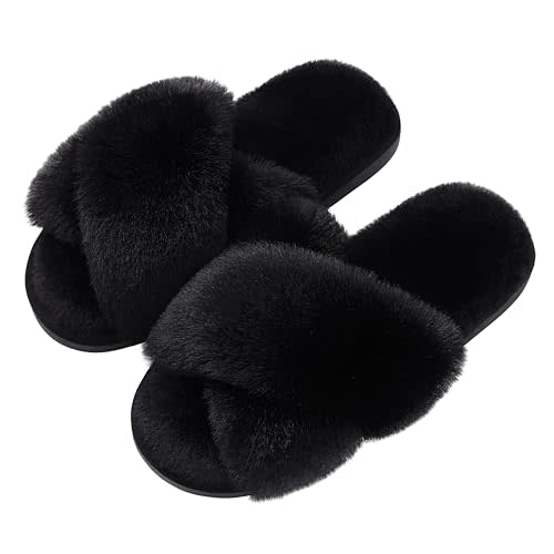 Evshine Women's Fuzzy Slippers Cross Band Memory Foam House Slippers Open Toe