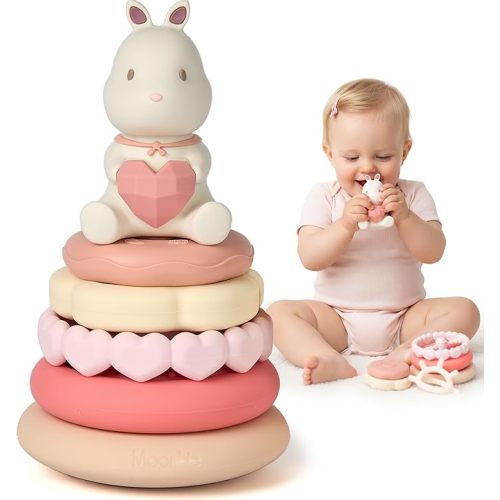 Moonkie Bunny Baby Stacking Toys | 7-Piece Silicone Rings for Teething Relief | Educational Toy for Infants & Toddlers 6 Months+ | Baby Shower or Birthday Gift for Girls