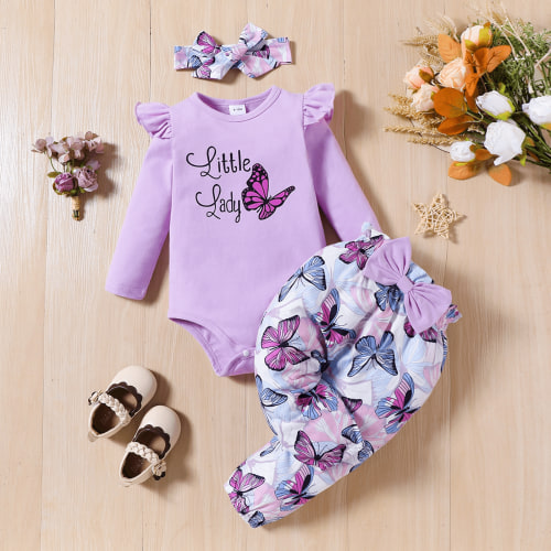 PatPat Baby Girl Clothes 3pcs Ladybug Letter Print Romper and Bowknot Trousers with Headband Set