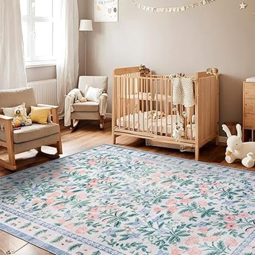 5x7 Machine Washable Area Rugs, Faux Wool Boho Floral Area Rugs with Non Slip Backing, Low Pile Blue Flower Rug Carpet for Girls Bedroom Nursery Living Room Dining Room, Blue and Pink Rug