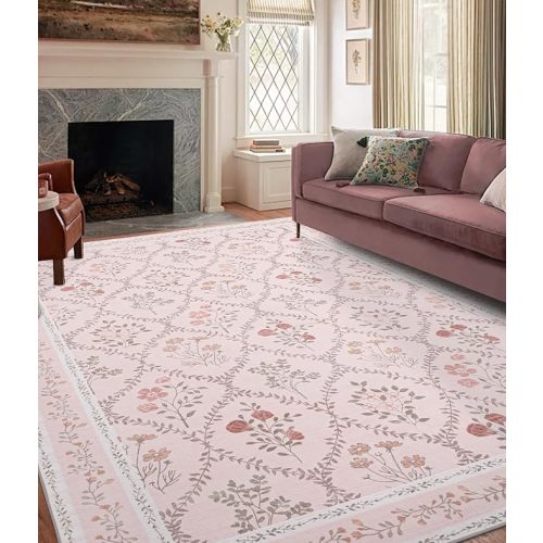 YIHOUSE 8x10 Washable Rug for Living Room, Pink Floral Rugs for Bedroom Boho Area Rug Non Slip Ultra-Thin Large Rug for Kids Playroom, Classroom, Girls Dorm, Nursery, Pink Multi