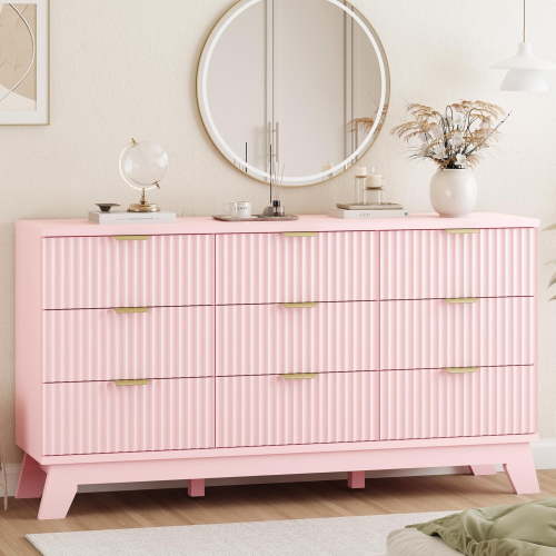 FANRAL 9 Drawers Dresser Fluted Dresser for Bedroom,Wooden Chest of Drawers Modern Dresser for Closet,Pink Dresser