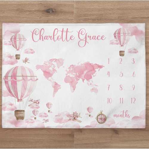 Adventure Milestone Blanket Personalized Baby Girl Month Blanket Pink Air Balloon Nursery Custom Newborn Calendar New Mom Baby Shower Gift
