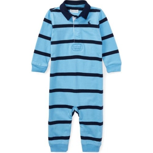 Rugby Stripe Cotton Interlock Polo Romper, 3M