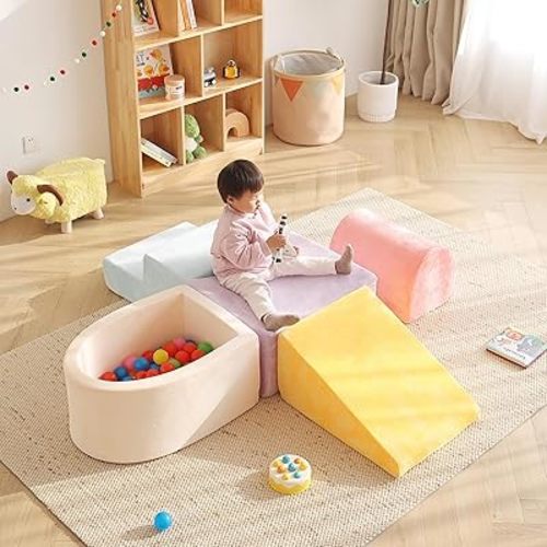 Tiita Foam Climbing Blocks with Small Ball Pit Playground for Baby, Climb and Crawl Playset 5-Piece - Indoor Soft Play Climber for Playtime Fun, Splicing Color