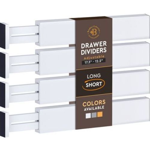 Bamboo Drawer Dividers 4 Pack - Adjustable 12.5" to 17" Drawer Organizers for Home and Office - White