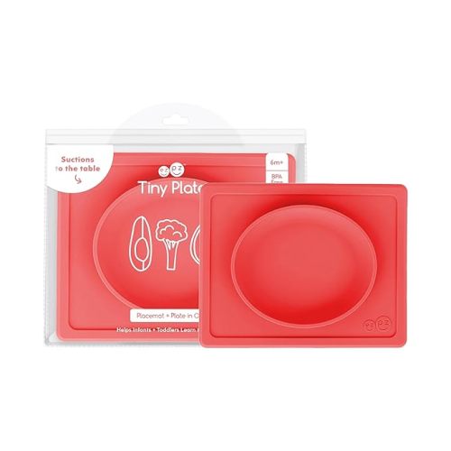 ezpz Tiny Plate (Coral) - 6 Months+ - 100% Silicone Suction Placemat + Plate for Infants - Fits on Most Highchair Trays - Baby Led Weaning Supplies